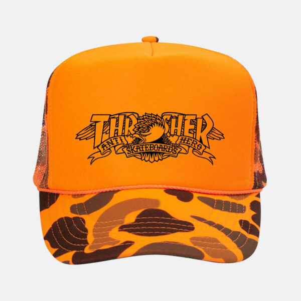 Thrasher x Anti Hero Mag Banner Trucker Hat Orange Camo